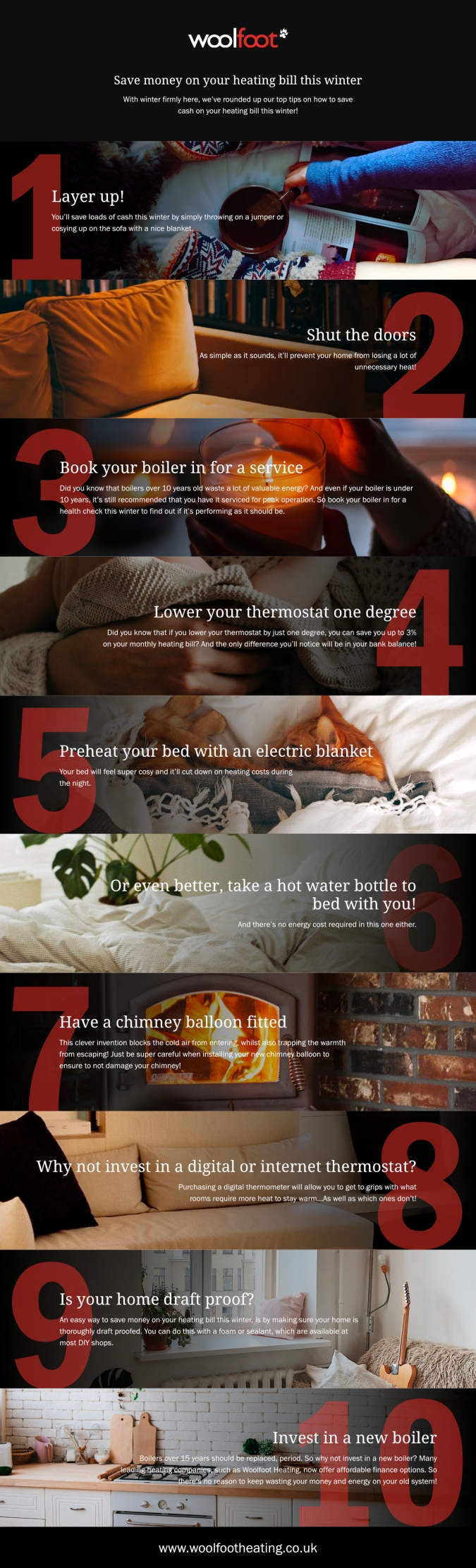 Stay Toasty: How To Save Money On Your Heating Bill by Fashion Du Jour LDN. Infographic by Woolfoot Heating