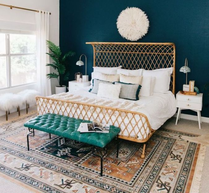 Sweet Dreams - 2020 Bedroom Interior Trend Predictions by Fashion Du Jour LDN. Close-up of a brushed brass bed frame, pillows and glass lamps in a teal and white bedroom interior