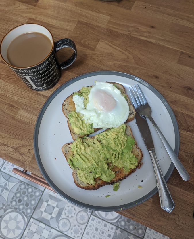 Pandemic Pampering How To Lockdown Your Winning Morning Routine by Fashion Du Jour LDN. Grey and wood kitchen, avocado on toast with a poached egg, cup of coffee